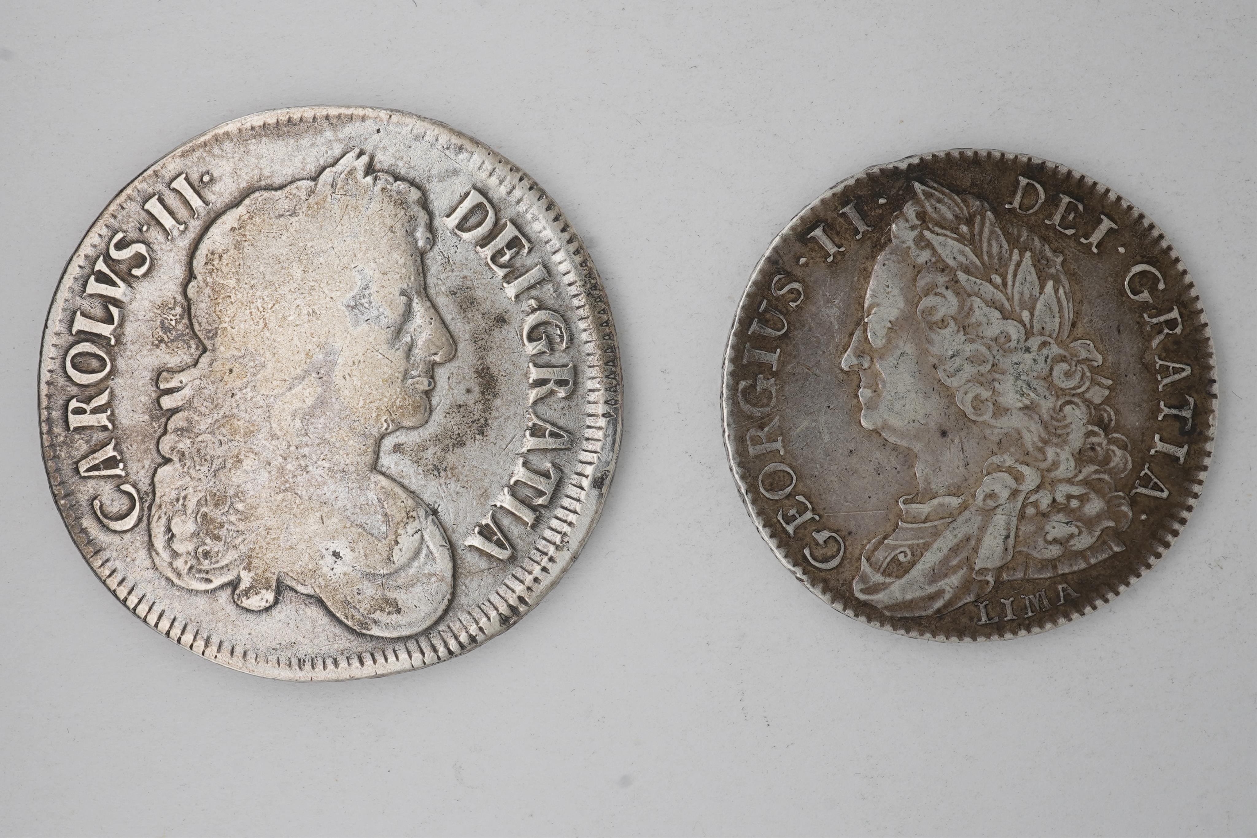 British silver coins, Charles II (1660-1685), Crown, 1673, near fine, George II (1727-1760), Halfcrown, 1745, lima, edge decimo nono, S. 3695) VF, toned
